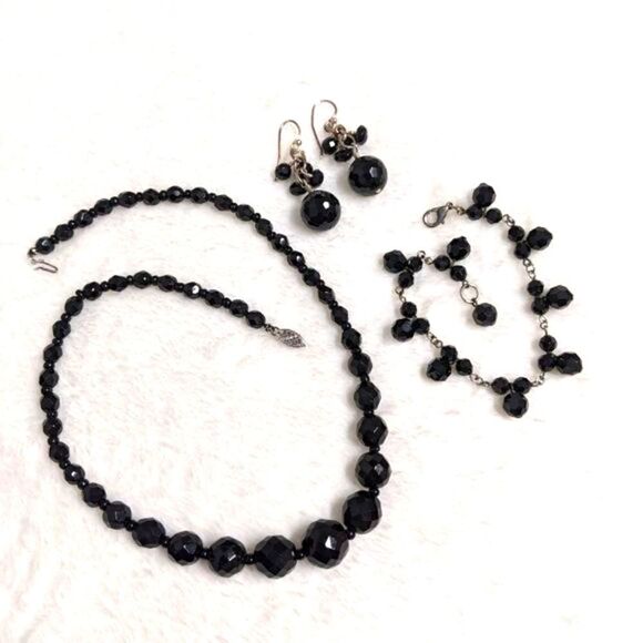 Jewelry - Vintage 1990's Black Facetted Crystal Bead Choker w/ Bracelet & Pierced Earrings
